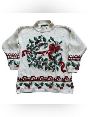 Vintage Gladys Bagley Christmas Sweater M 3D Wreath Holly Berries Ramie Cotton